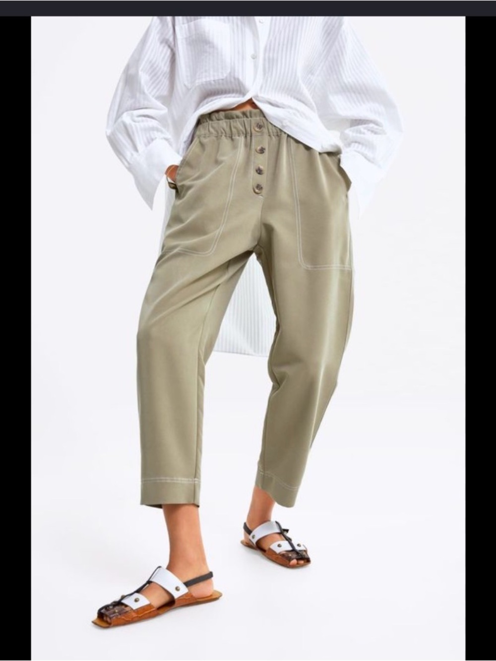 Zara High-Waist Relaxed Crop Pants - Olive Green
